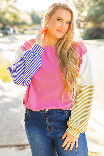 Rose Red Colourblock Patchwork Striped Puff Sleeve Plus Size Top with Slits BB Fashion Outlet