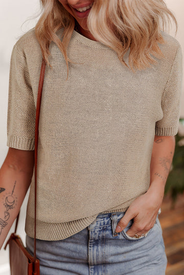 Beige Shiny Knit Short Sleeve Drop Shoulder Sweater eAura