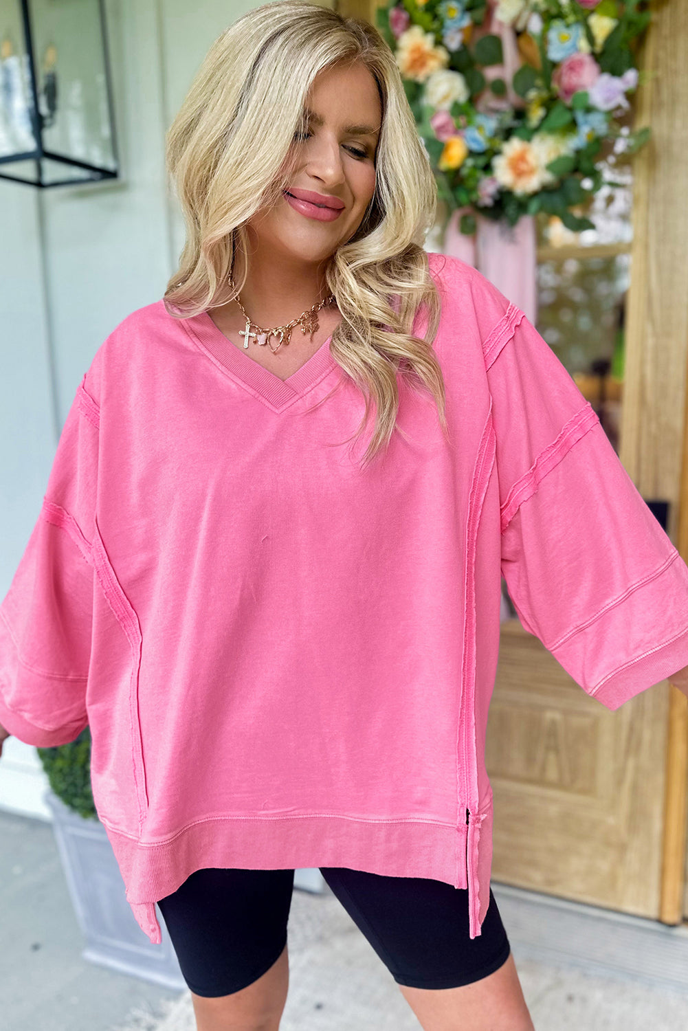 Bonbon Bracelet Sleeve Mineral Washed V Neck T Shirt eAura