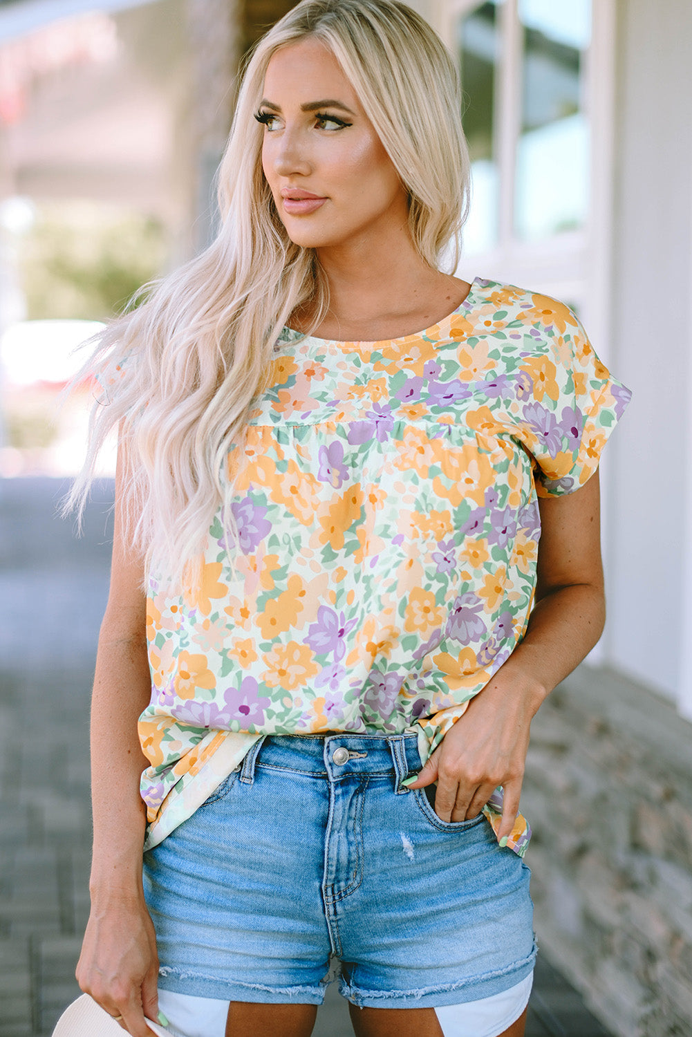 Yellow Floral Print Keyhole Back Short Sleeve Babydoll Blouse eAura