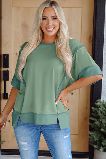 Green Half Sleeve Raw Seam High Low Side Split Top eAura