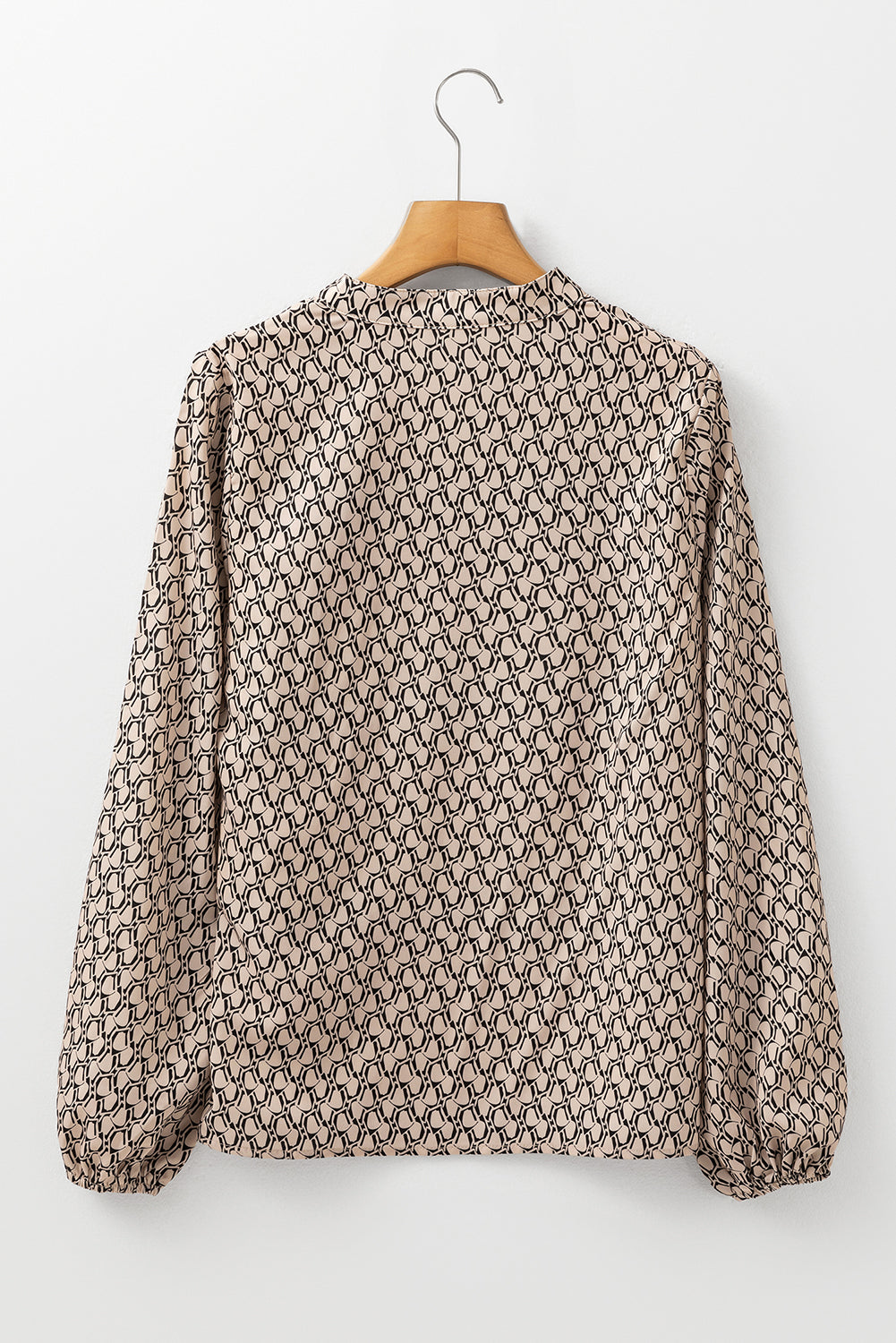 Khaki Geometric Print Notched Neck Puff Sleeve Blouse eAura