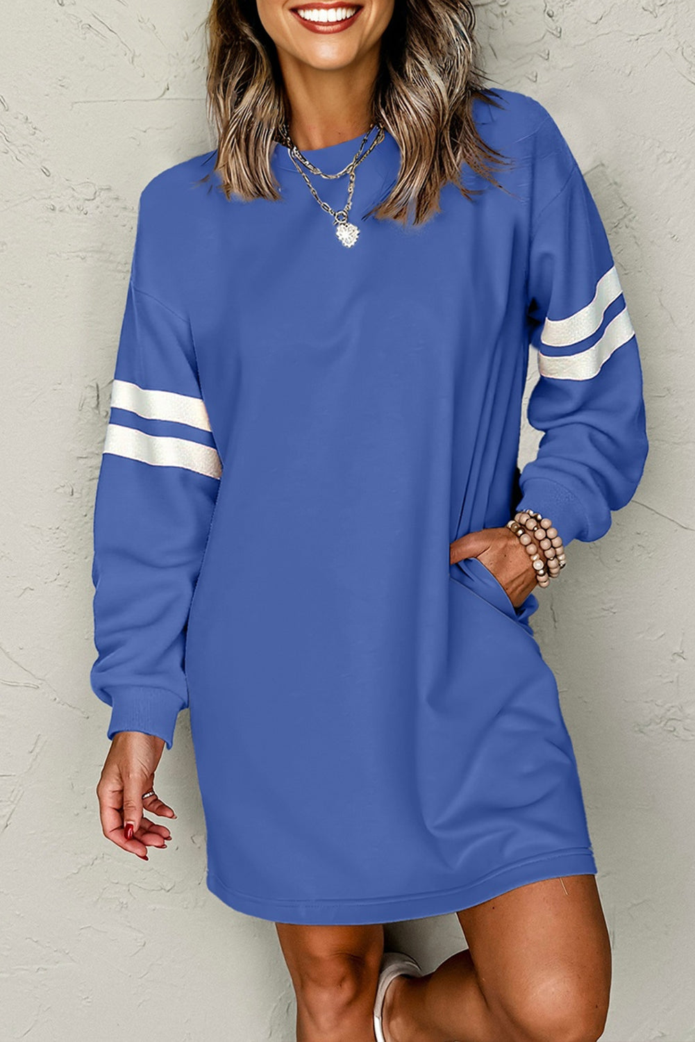 Varsity Contrast Banded Sleeve Shift Sweatshirt Dress eAura