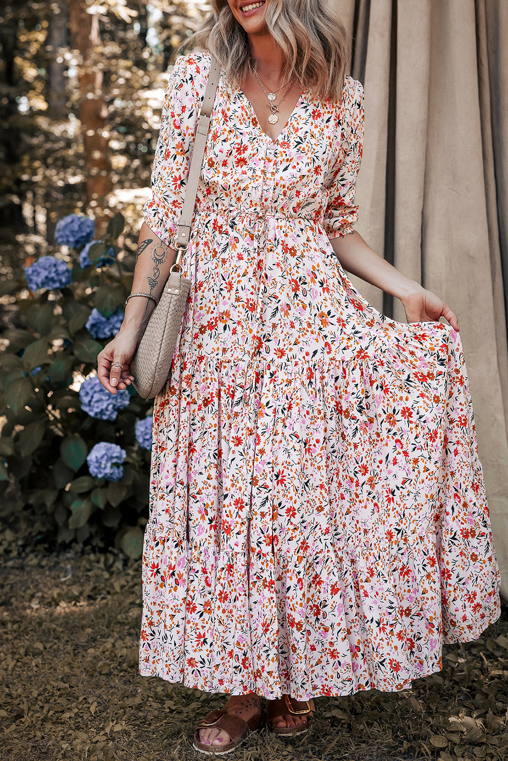 Boho Half Sleeve Floral V-Neck Maxi Dress eAura