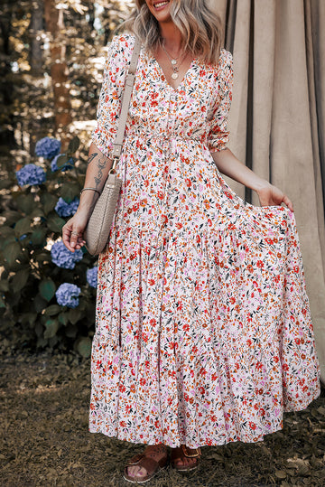 Boho Half Sleeve Floral V-Neck Maxi Dress eAura