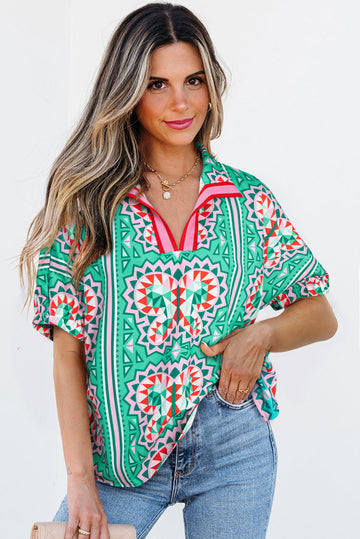 Green Boho Abstract Print Contrast Striped Collared V Neck Blouse eAura