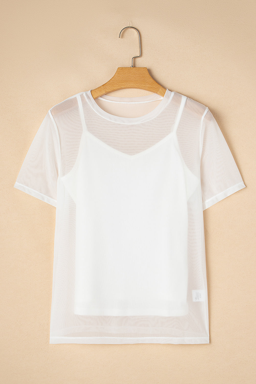 White Solid Colour Sheer Mesh Patchwork Short Sleeve Top eAura