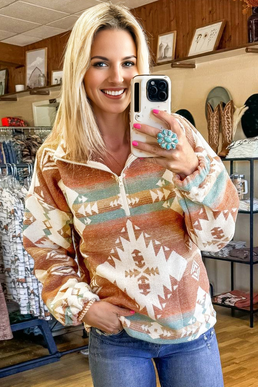 Quarter Zip Elastic Cuffs Aztec Sweatshirt eAura