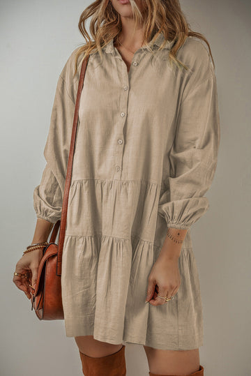 Tan Puff Sleeve Buttoned Tiered Pleated Shirt Mini Dress Beagle Boutique Fashion Outlet