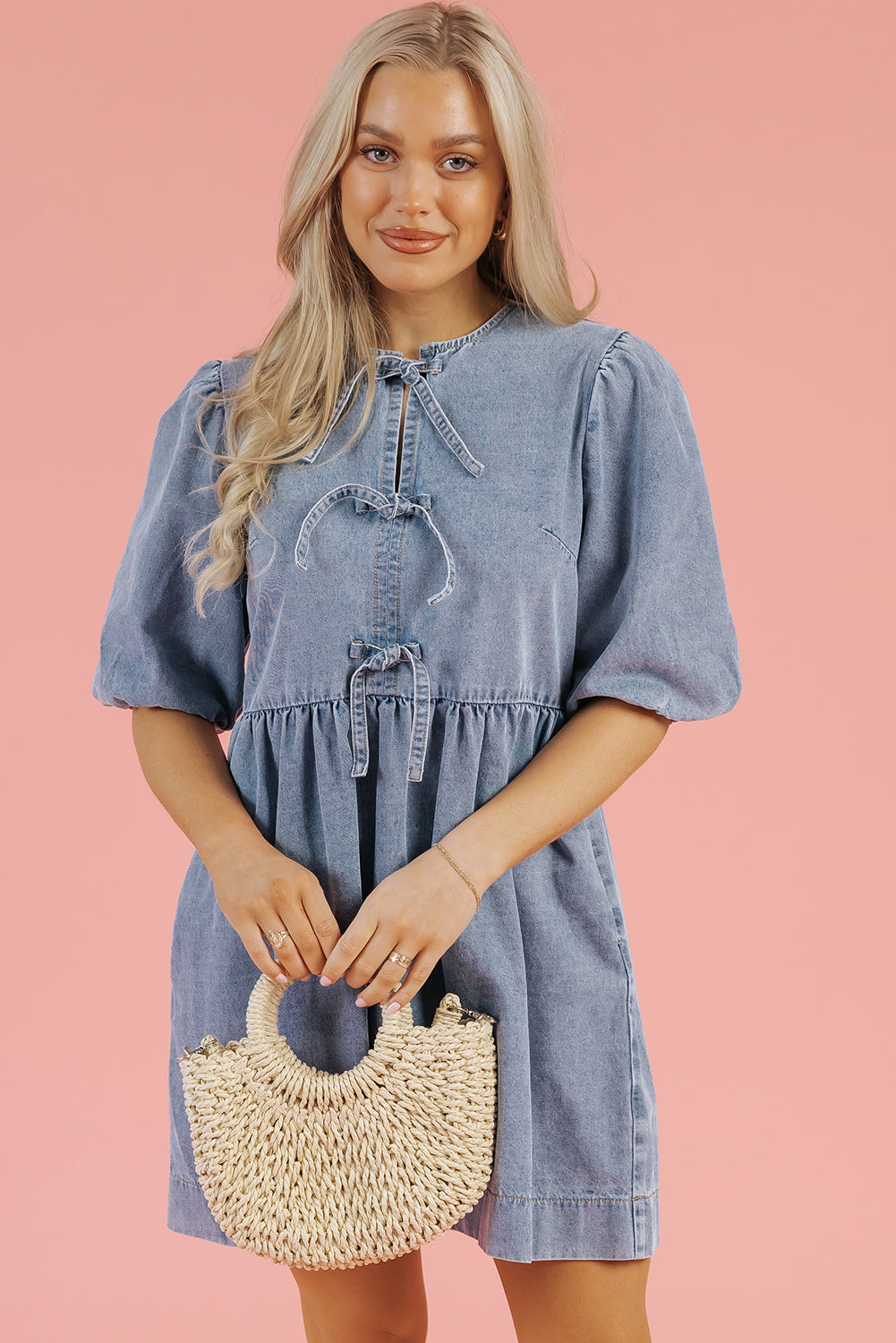 Dusk Blue Bowknot Bubble Sleeve Short Denim Dress eAura