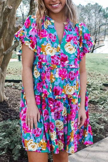 Green Rose Floral Print Ruffled Short Dress BB Fashion Outlet