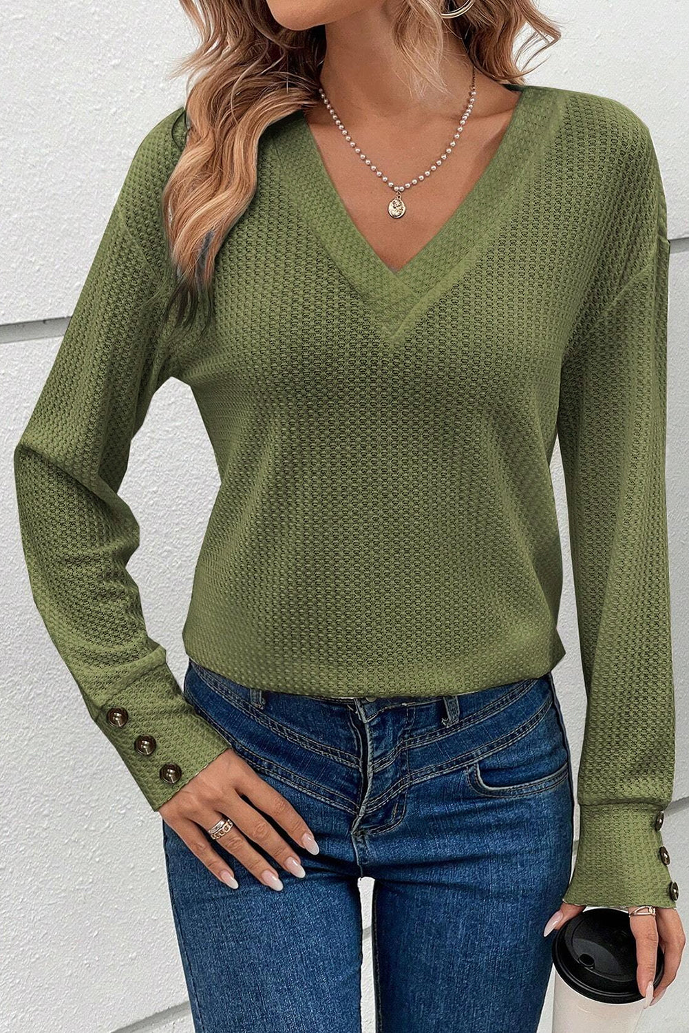 Jungle Green Textured Knit V Neck Button Cuffs Long Sleeve Top eAura