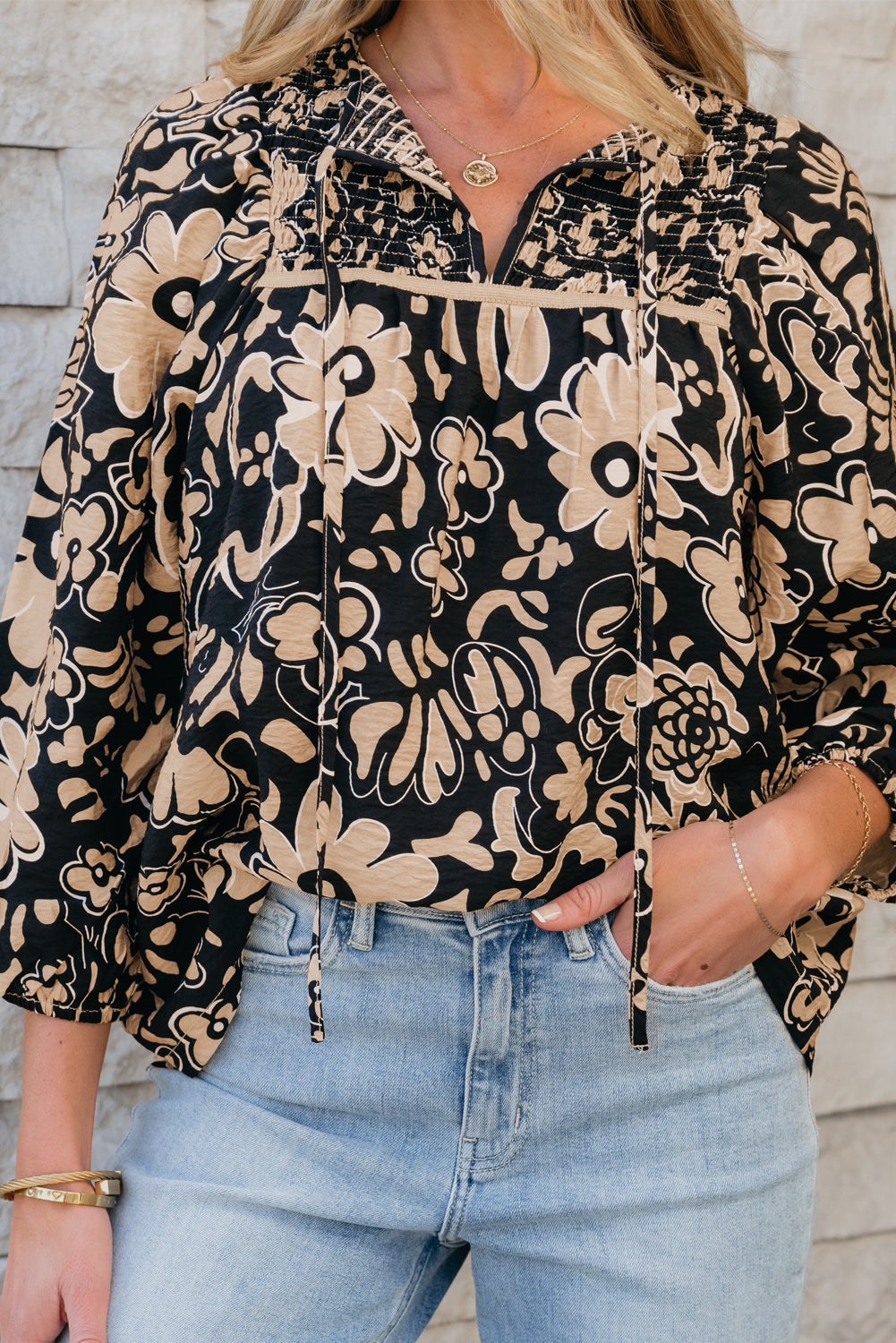 Black Floral Shirred Yoke Bracelet Sleeve Split Neck Boho Blouse eAura