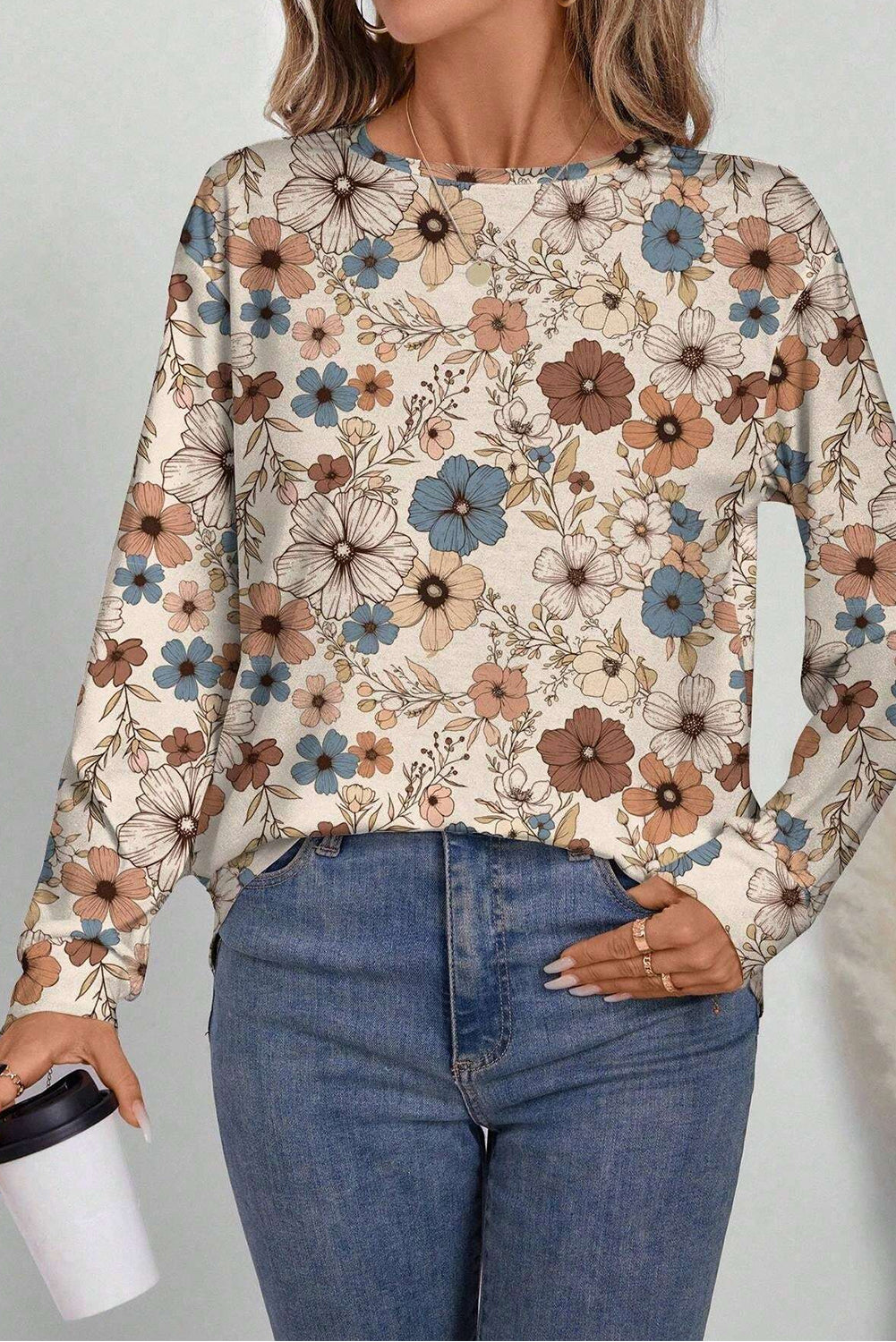 Khaki Floral Print Loose Crew Neck Long Sleeve T Shirt eAura