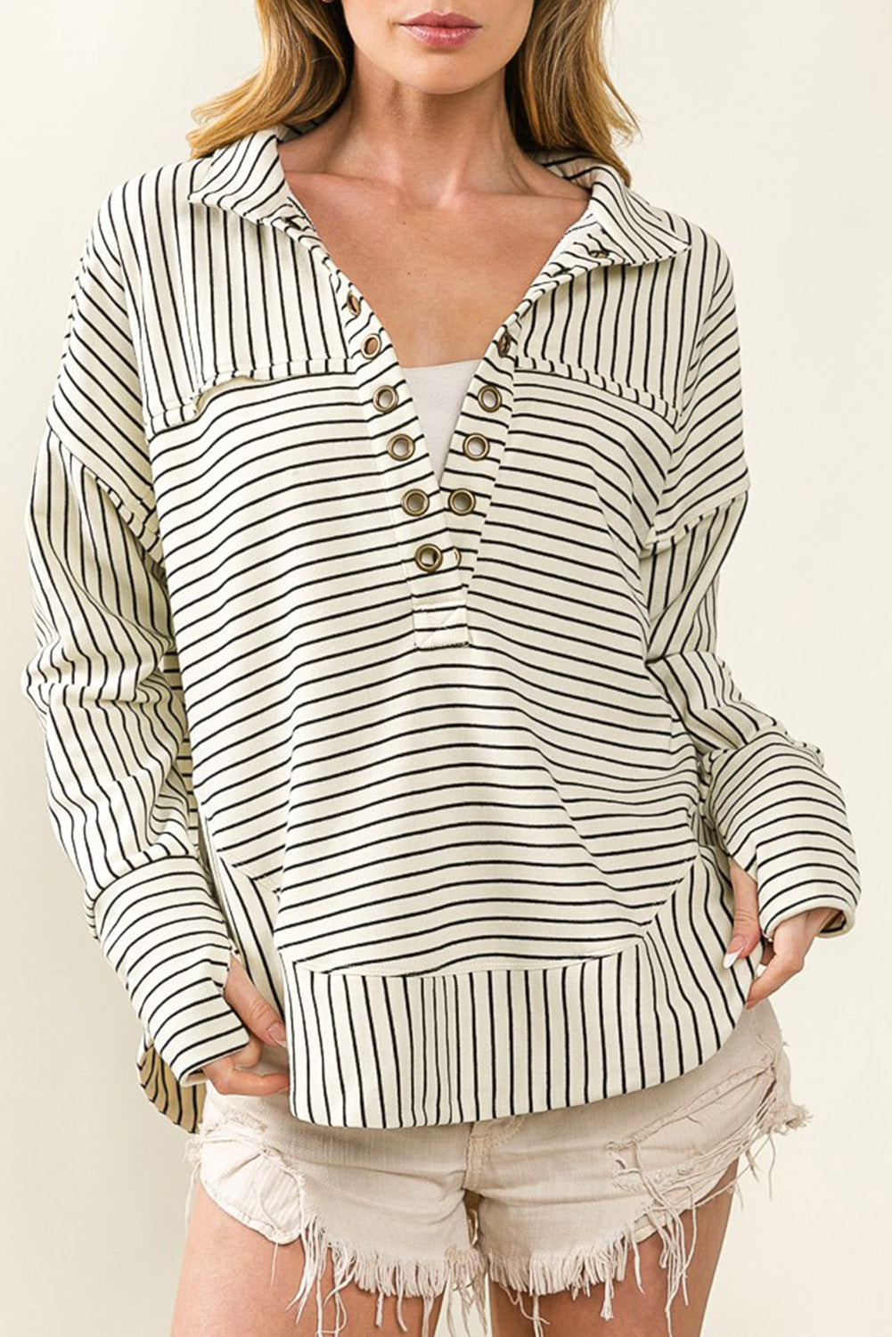 White Striped Thumbhole Drop Shoulder V Neck Top eAura