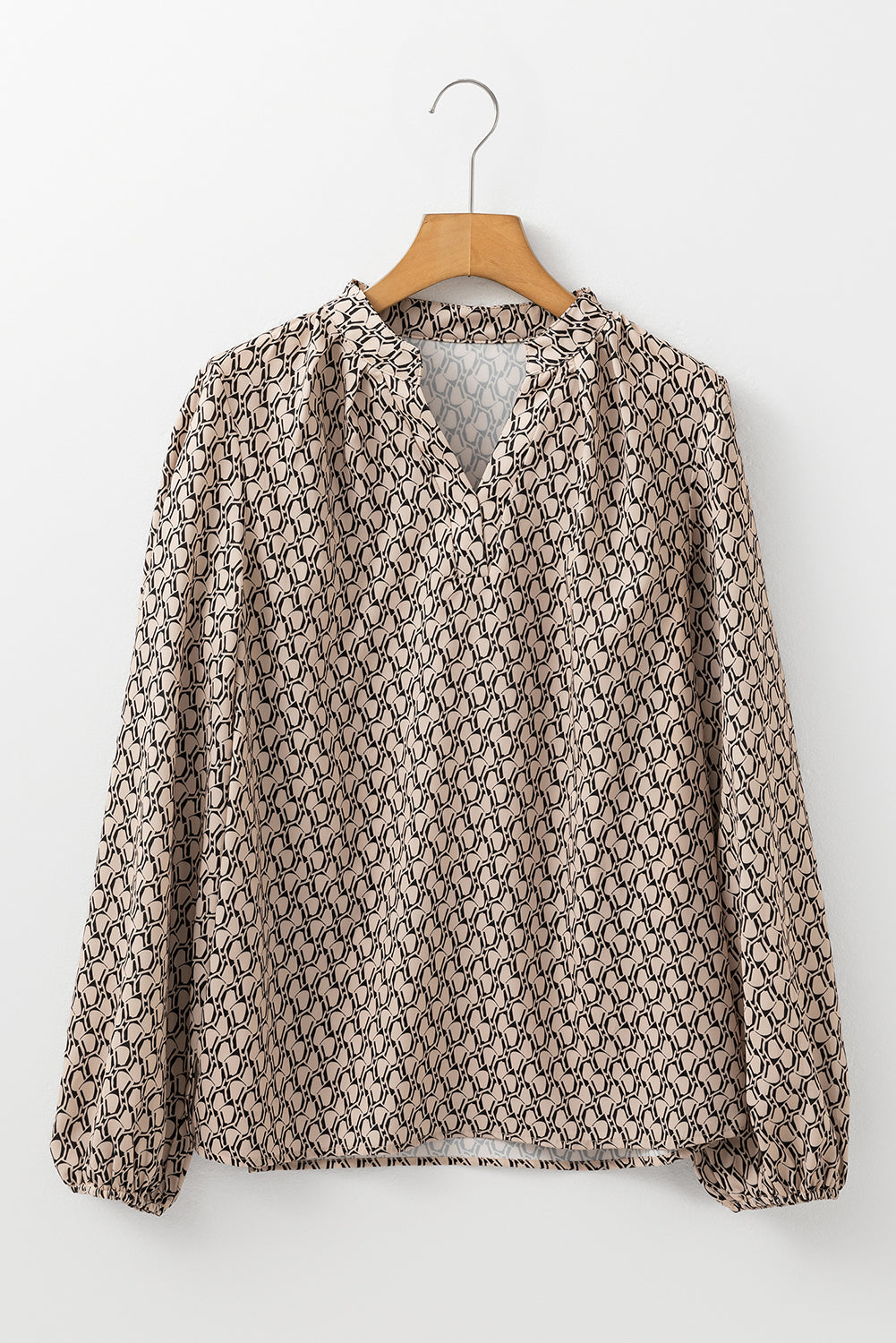 Khaki Geometric Print Notched Neck Puff Sleeve Blouse eAura