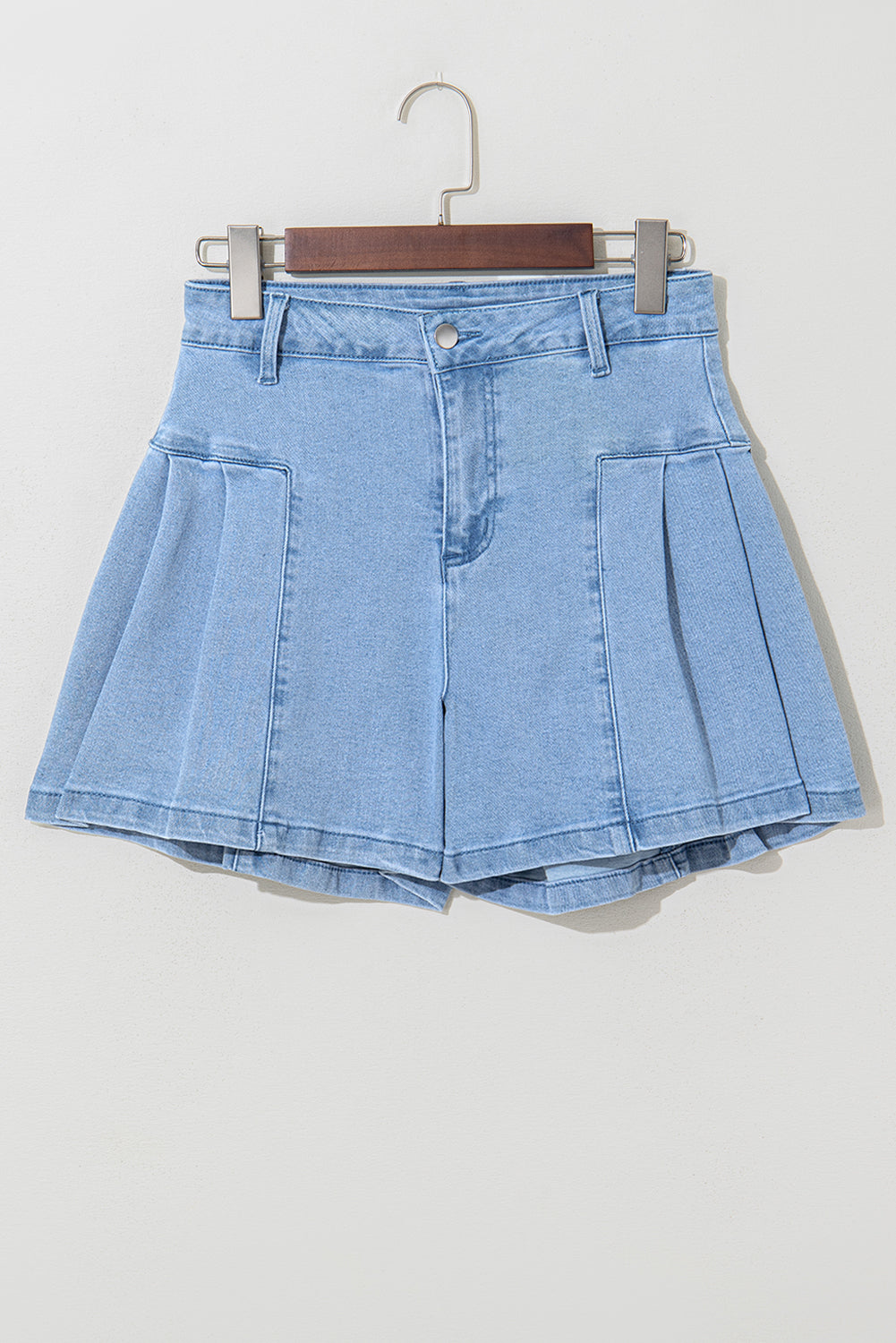 Dusk Blue Pleated Patchwork Wide Leg Lightweight Denim Shorts eAura