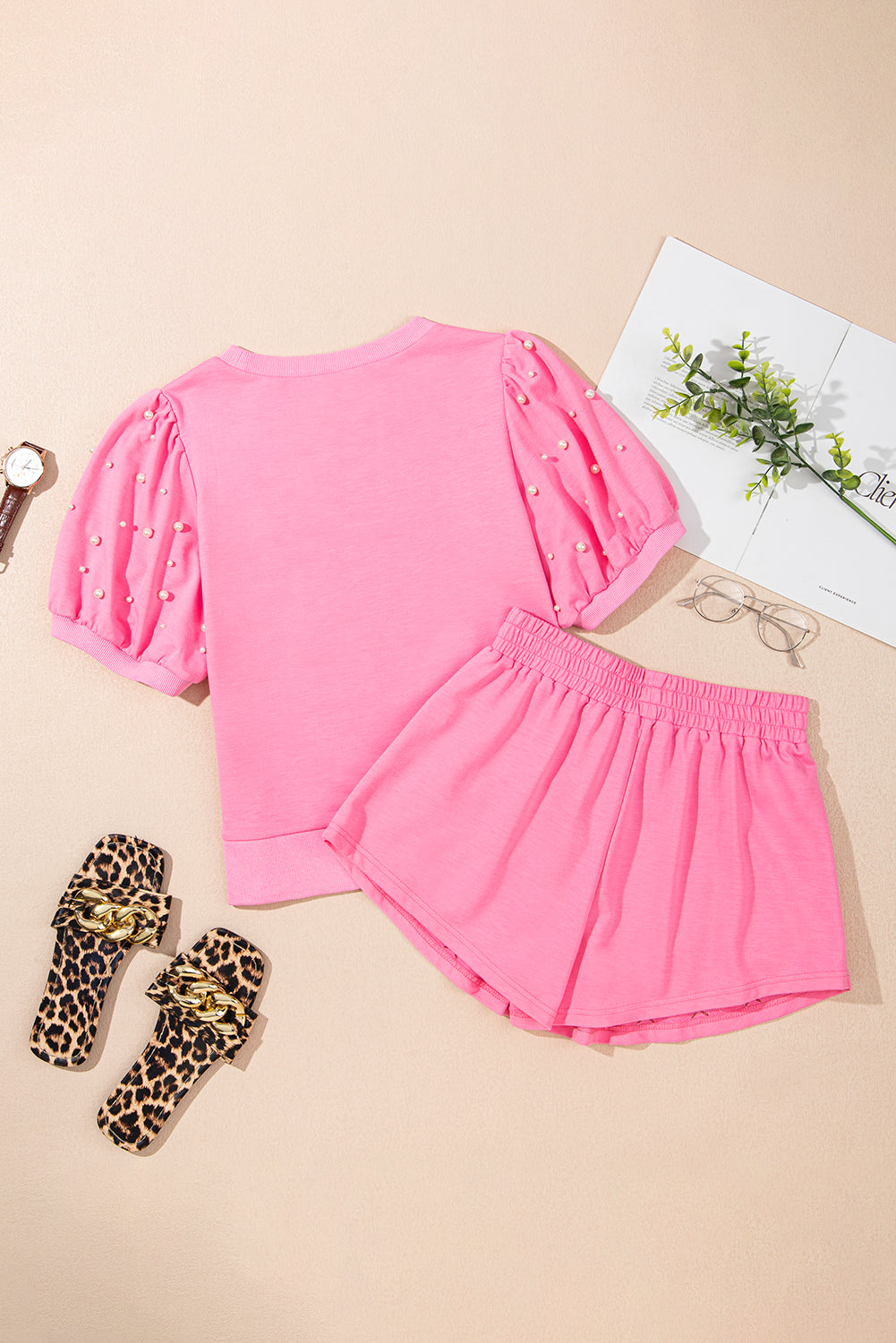 Pink Contrast Bow Trim Pearl Puff Sleeve Top and Skort Co-ord eAura