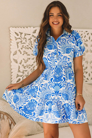 Sky Blue Retro Floral Print Drawstring Waist Ruffled Mini Dress BB Fashion Outlet
