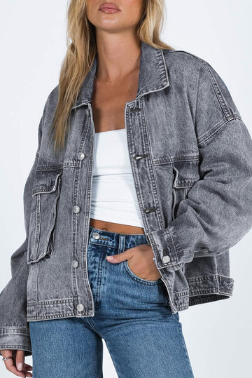 Grey Chest Pockets Drop Shoulder Loose Denim Jacket Beagle Boutique Fashion Outlet