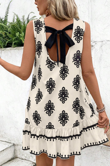 Beige Geometric Printed Sleeveless Hollowed Bowknot Back Mini Dress eAura