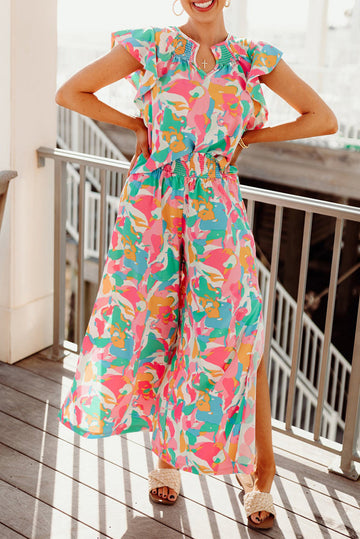 Floral Ruffled Sleeve Top Smocked Wide Leg Pants Set BB Fashion Outlet