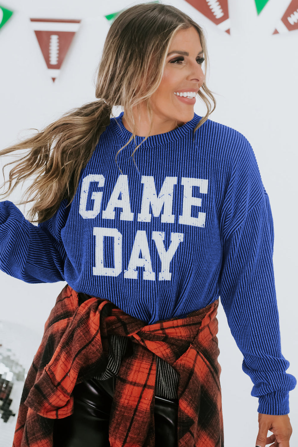 Bluing Ribbed GAME DAY Graphic Long Sleeve Crewneck Top eAura