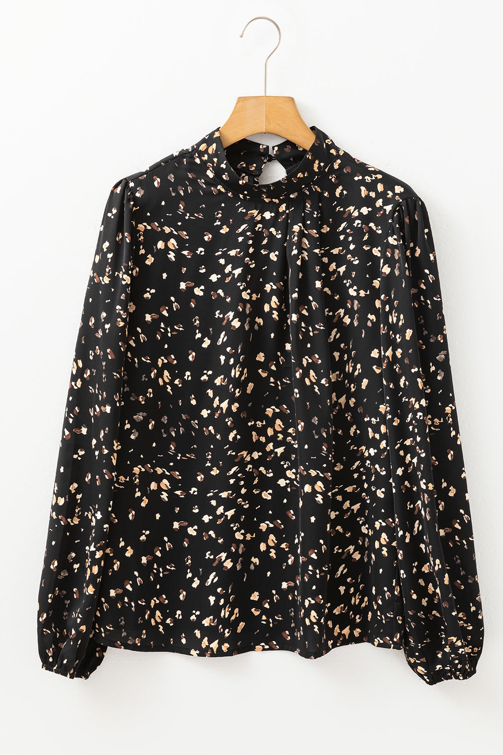 Black Leopard Print Lantern Sleeve Mock Neck Pleated Blouse eAura