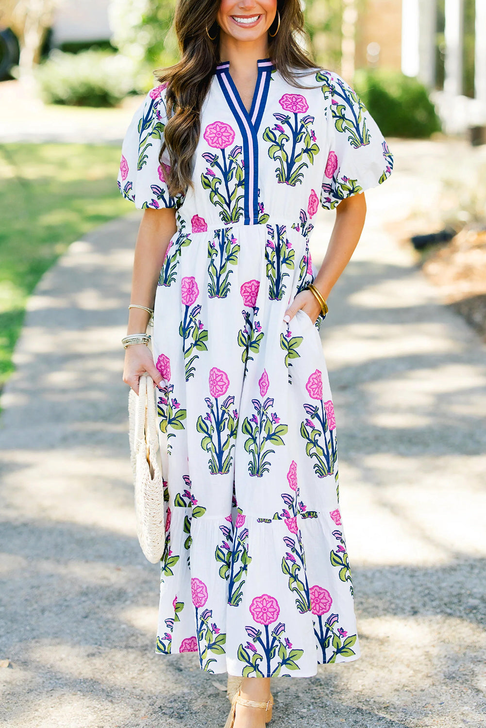 Floral Puff Short Sleeve V Neck High Waist Maxi Dress eAura