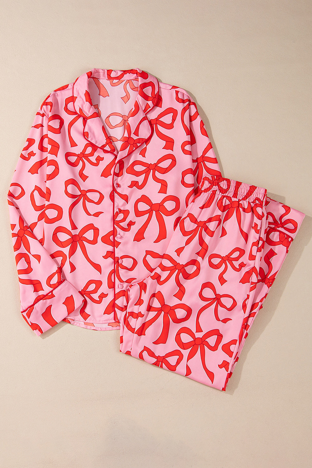 Pink 2pcs Bow Print Shirt Style Long Sleeve Pyjama Set eAura