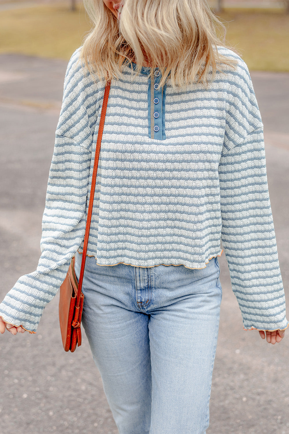 Sky Blue Stripe Textured Frilly Trim Buttons Henley Long Sleeve Top eAura