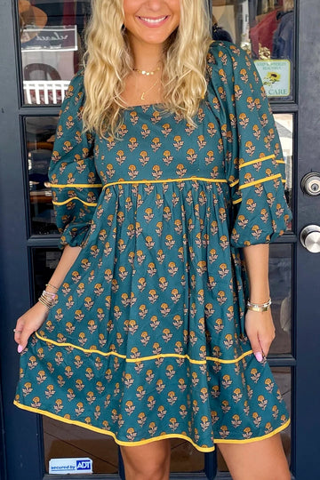 Skobeloff Floral Contrast Trim Square Neck Puff Sleeve Dress eAura