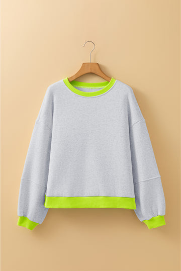 Grey Contrast Colour Banding Patchwork Puff Sleeve Loose Sweatshirt - eAura