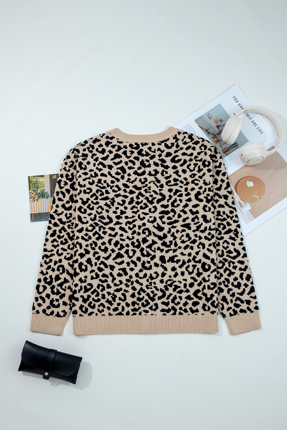 Leopard Print Drop Shoulder Chunky Knit Cardigan eAura
