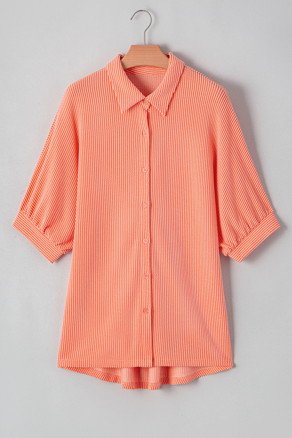 Grapefruit Orange Ribbed Half Sleeve Button Up High Low Hem Loose Shirt eAura