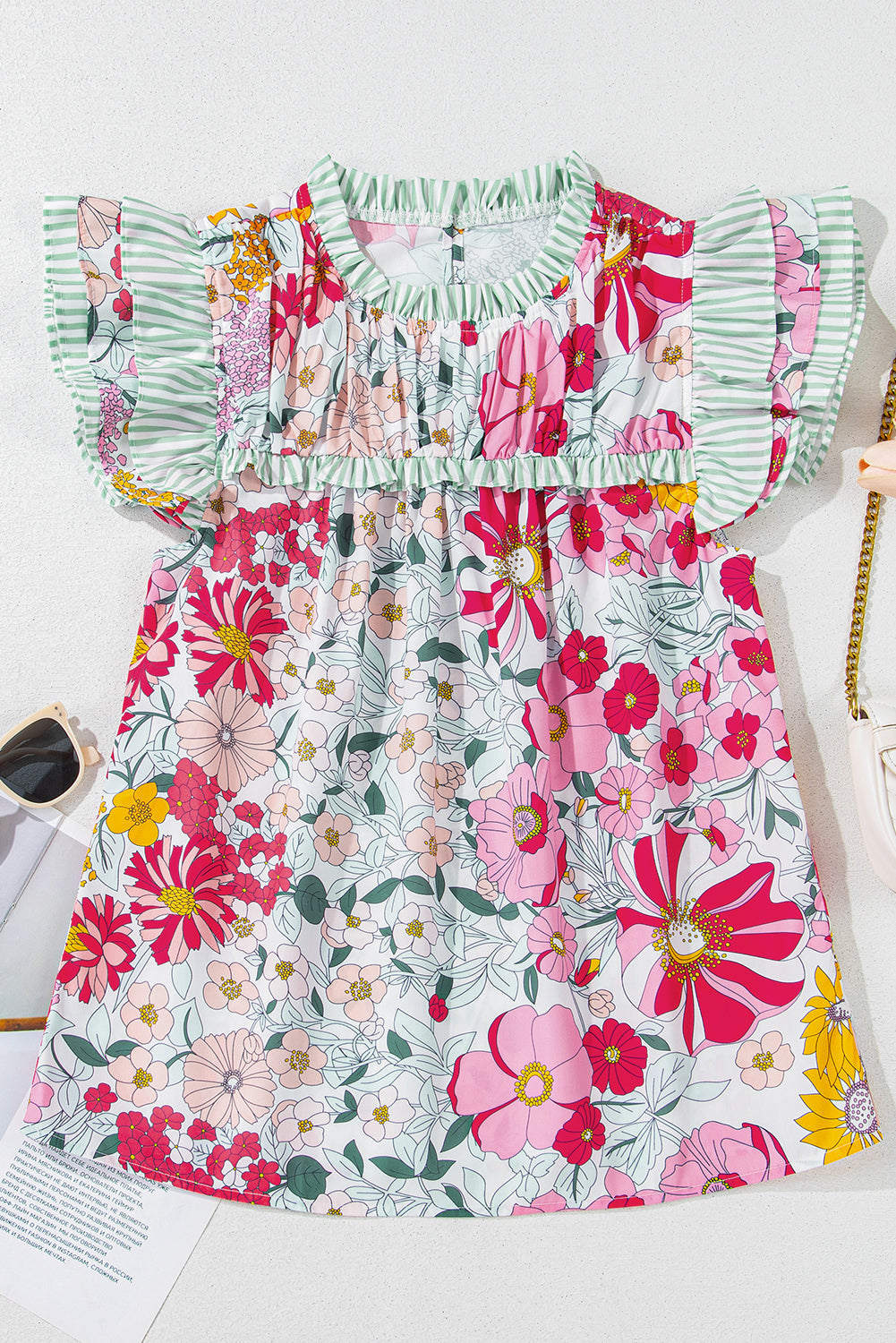 Pink Floral Print Contrast Ruffle Trim Short Sleeve Blouse eAura