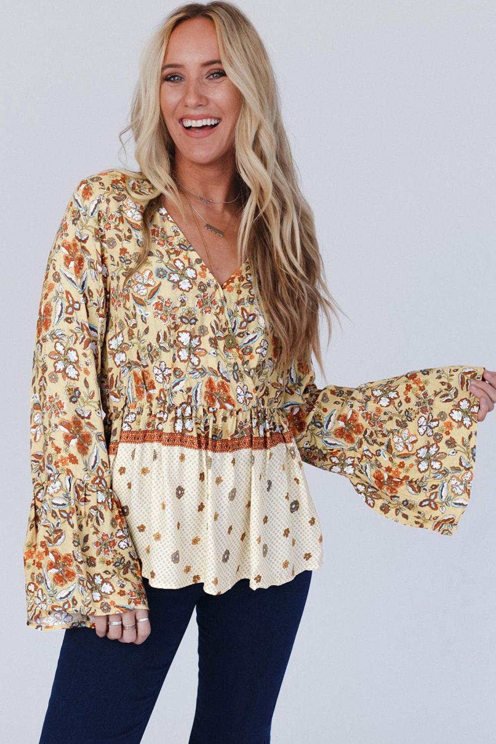 Yellow Printed Floral Bell Sleeve V Neck Wrapped Contrast Peplum Blouse eAura