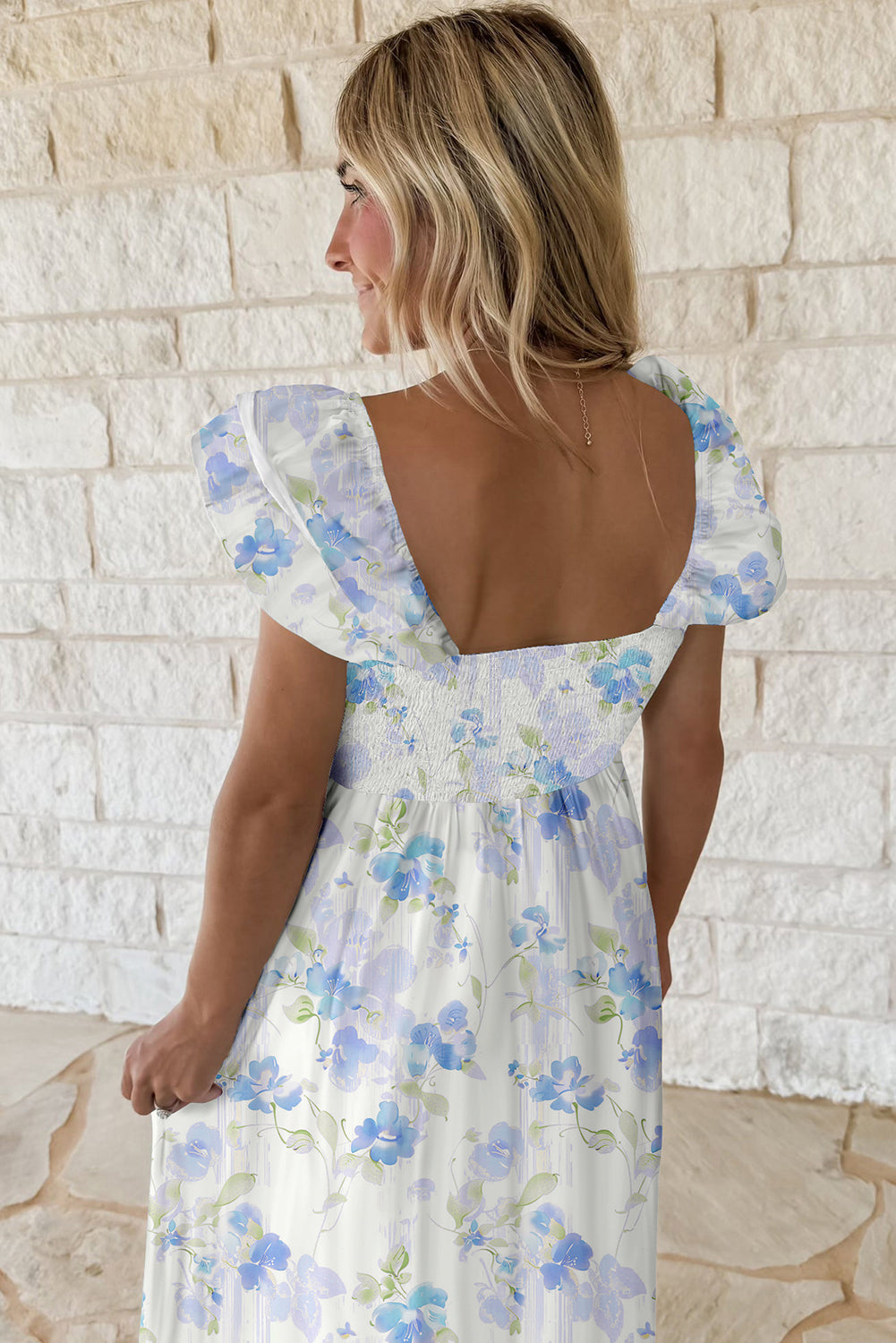 Sky Blue Floral Smocked Ruffle Sleeveless Maxi Dress eAura