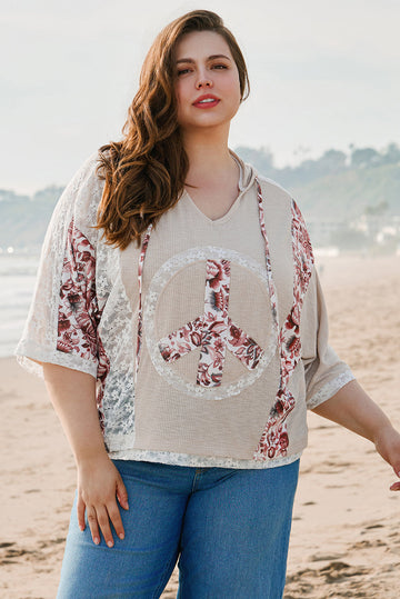 Khaki V Neck Floral Peace Sign Graphic Lace Patch Ribbed Plus Size Hooded Top BB Fashion Outlet