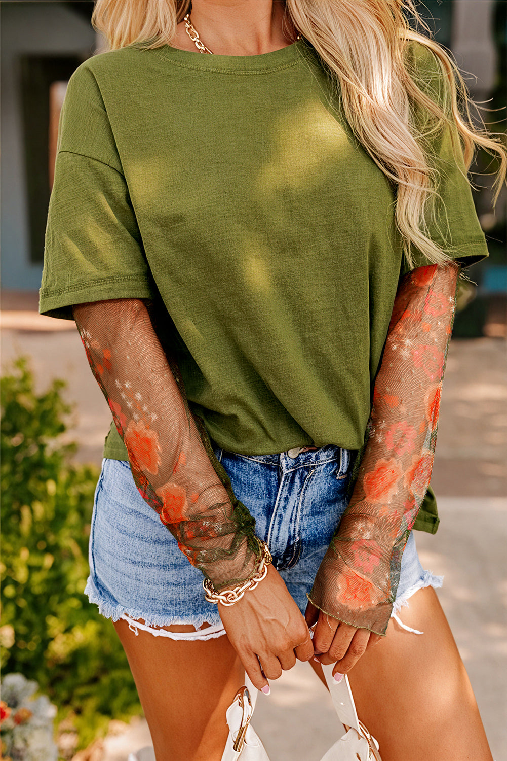 Fern Green Faux Two Piece Floral Long Sleeve Patchwork Tee eAura