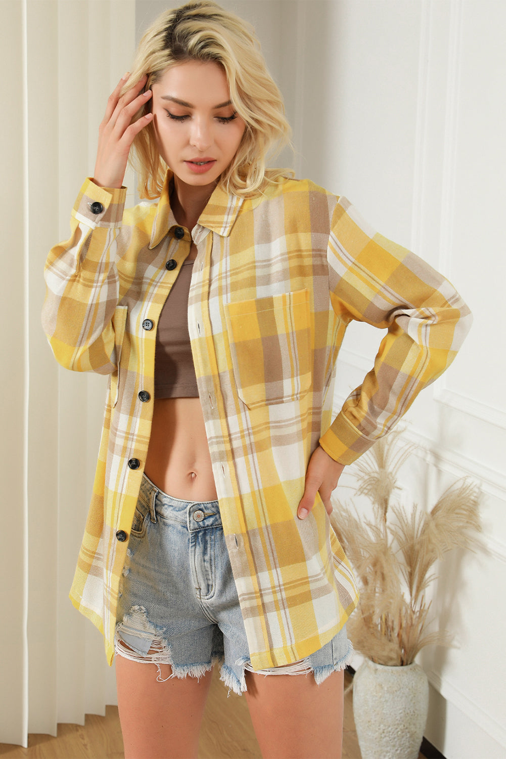Pink Plaid Button Up Patch Pocket Shirt eAura