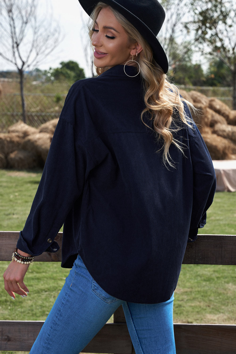 Dark Blue Corduroy Button Pocket Shirt eAura