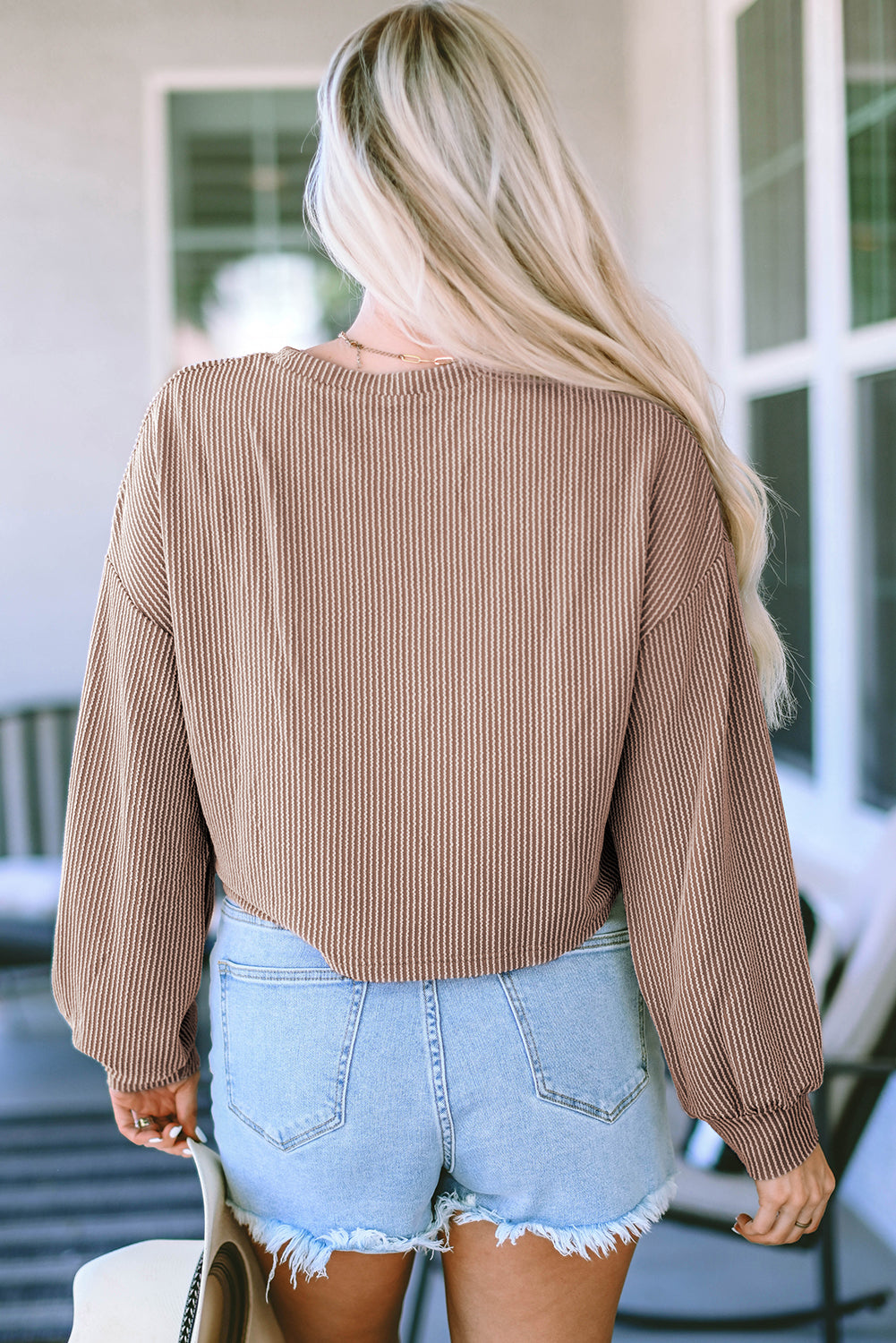 Khaki Cording Drop Shoulder Puff Sleeve Casual Long Sleeve Top eAura