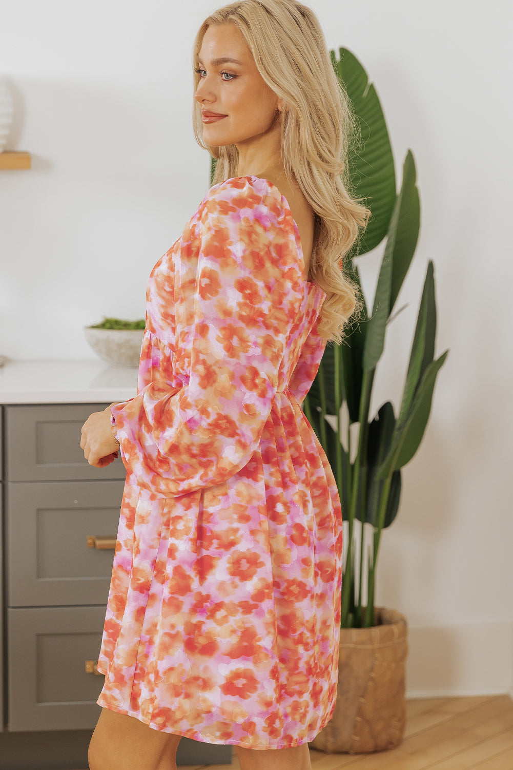 Rose Floral Print Square Neck High Waist Mini Dress eAura