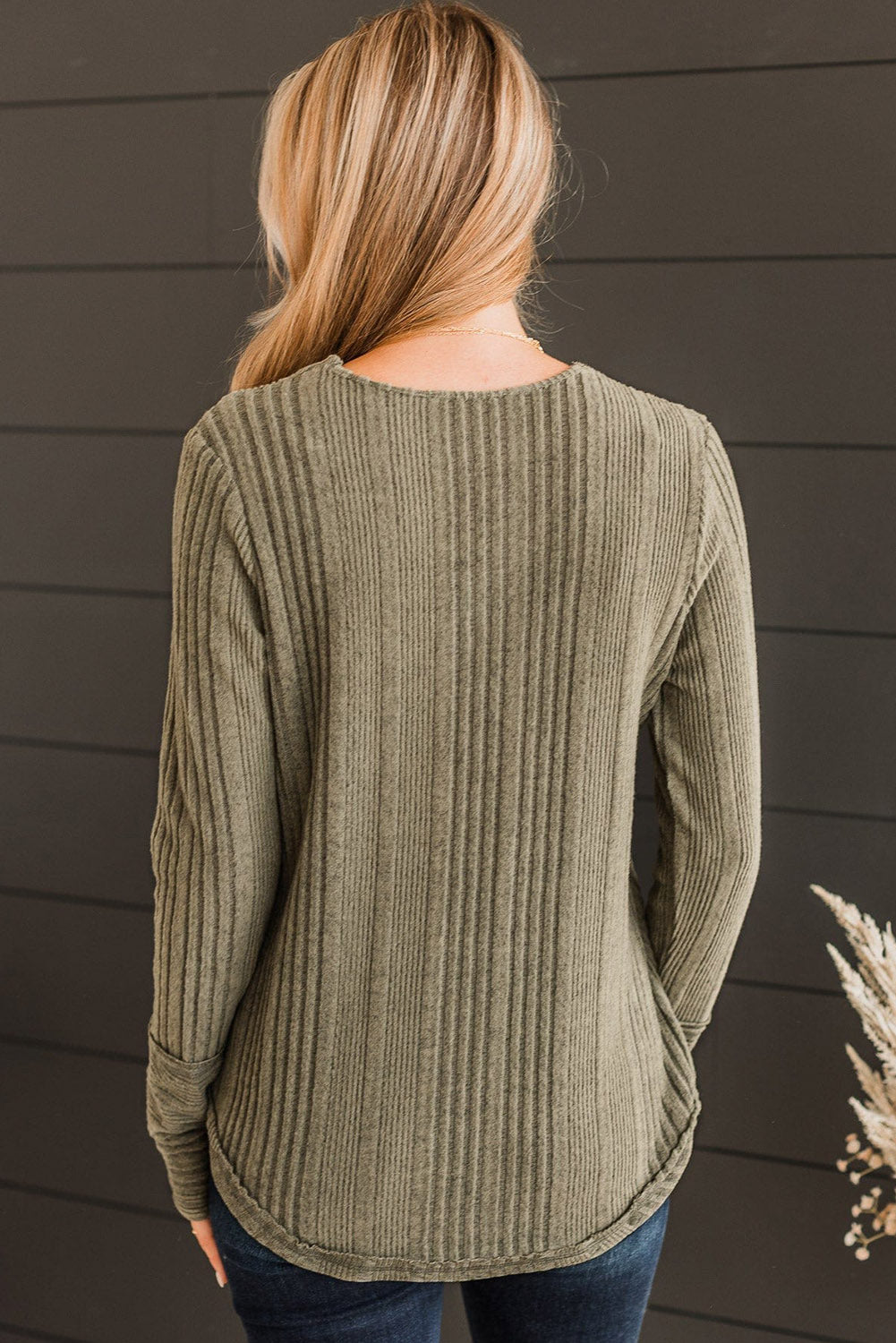 Black V Neck Buttoned Ribbed Knit Top eAura