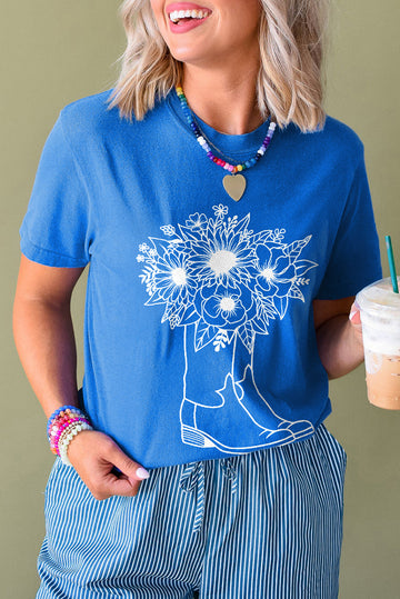 Blue Sunflower Boots Graphic Western Fashion T Shirt eAura