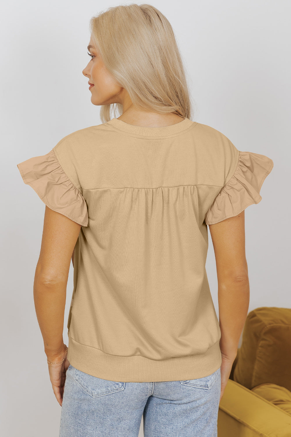 Parchment Two Tones Ribbon Bow Ruffle Sleeve Top eAura