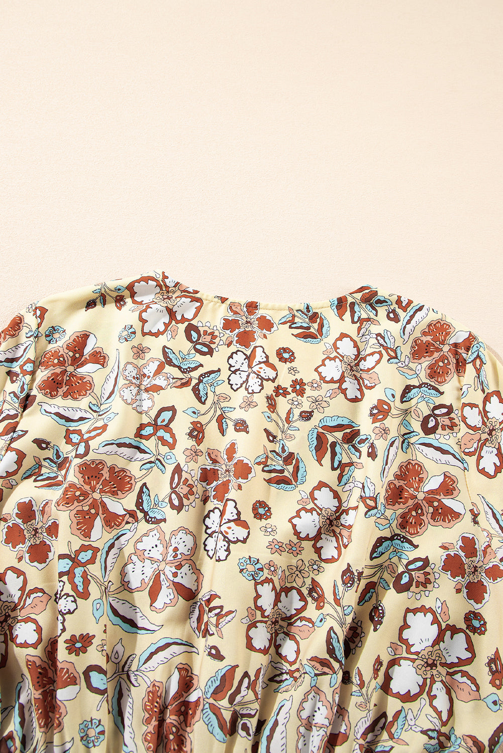 Yellow Printed Floral Bell Sleeve V Neck Wrapped Contrast Peplum Blouse eAura