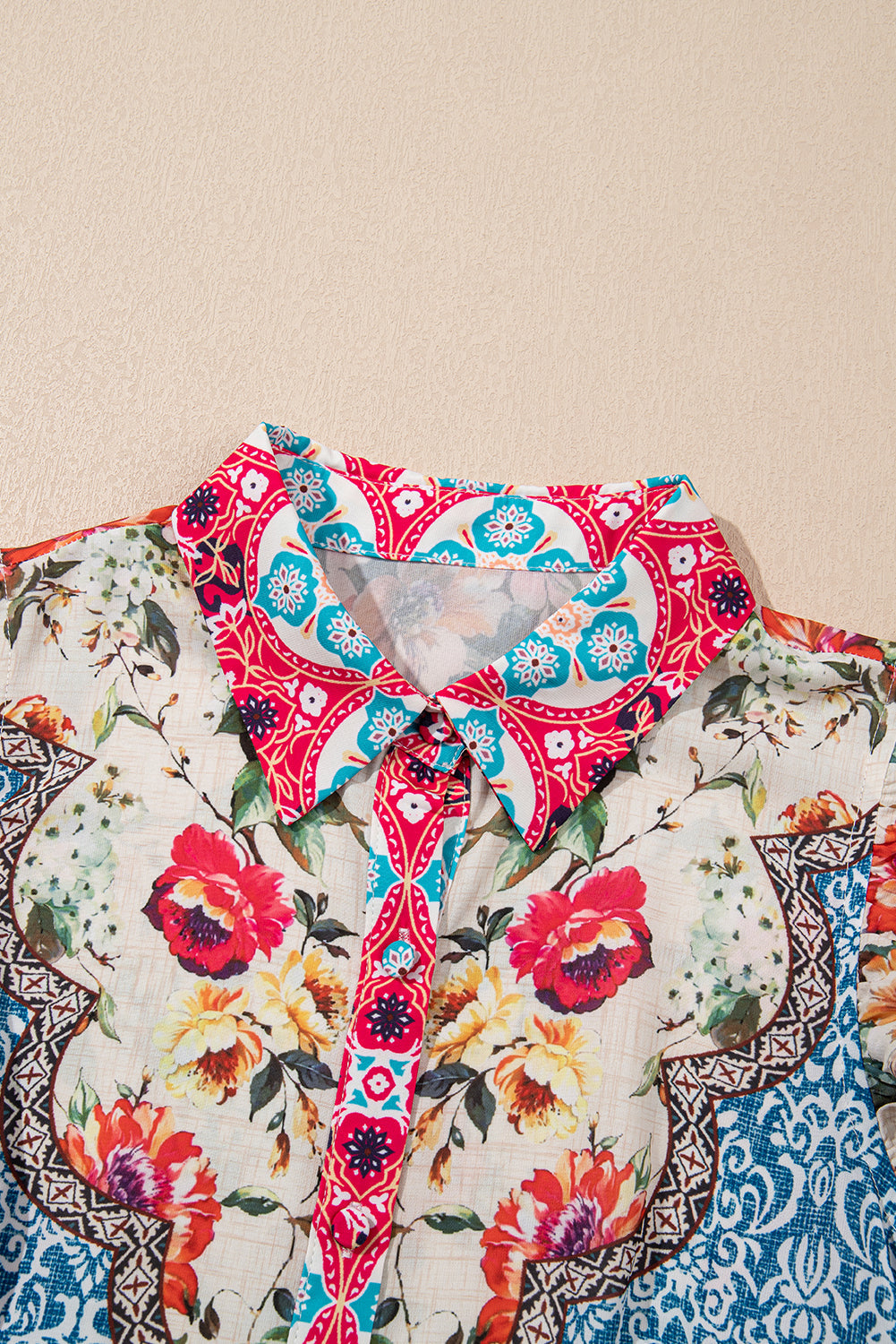 Rose Floral Mixed Pattern Ruffle Flutter Sleeve Buttoned Dress eAura
