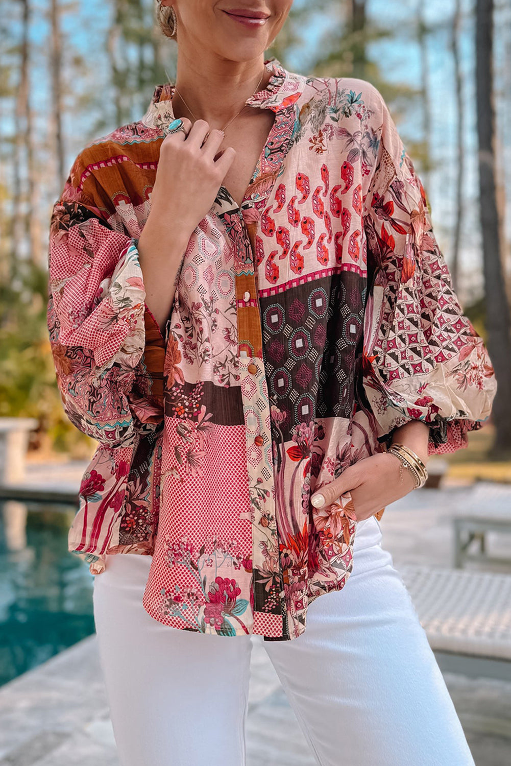 Red Boho Geometric Mixed Print Patchwork Bubble Sleeve Shirt eAura